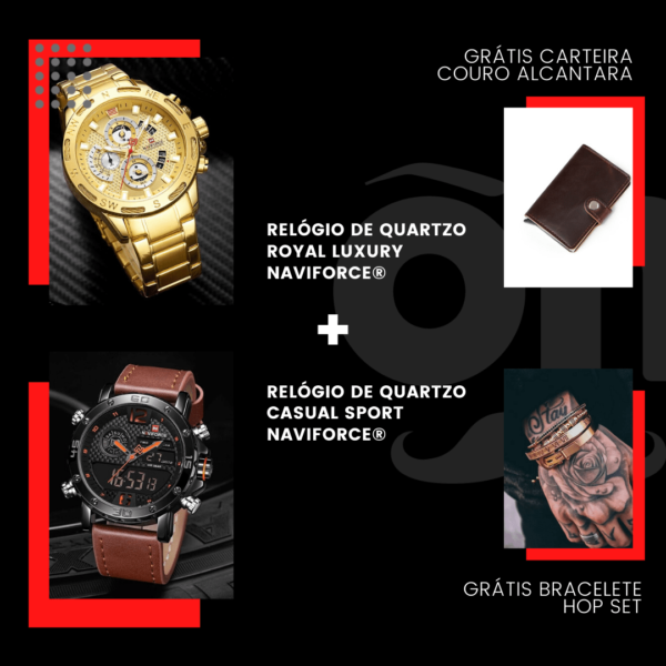 Combo Quartzo Royal Luxury Naviforce® + Quartzo Casual Sport Naviforce® = GRÁTIS Carteira Automática Couro Alcantara + GRÁTIS Bracelete Hop Set - Loja Oficial | XploudShop