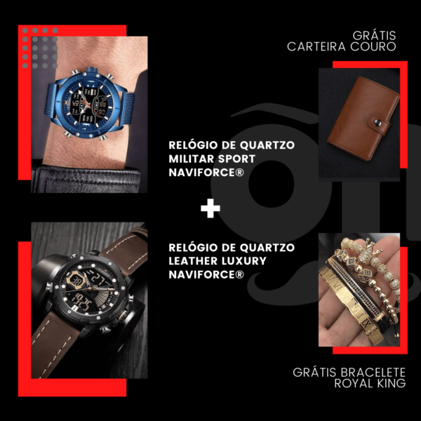 Combo Quartzo Militar Sport Naviforce®+ Quartzo Leather Luxury Naviforce® = GRÁTIS Carteira Automática Couro Alcantara + GRÁTIS Bracelete Royal King - Loja Oficial | XploudShop